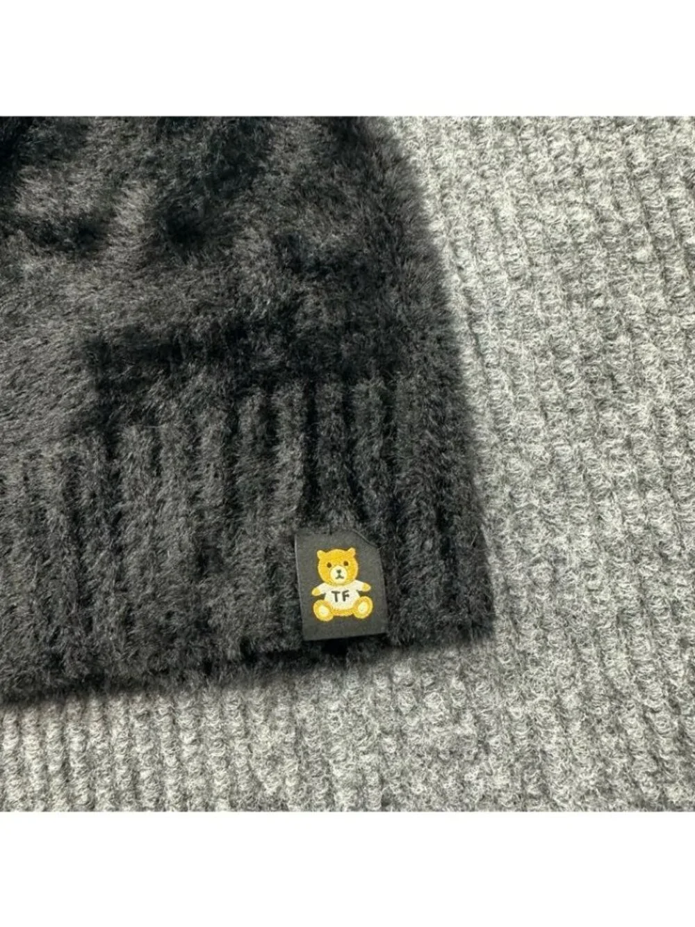 Teddy Fresh Classic Black Fuzzy Bear Ear Beanie Logo Tab Pull On Winter Hat OS